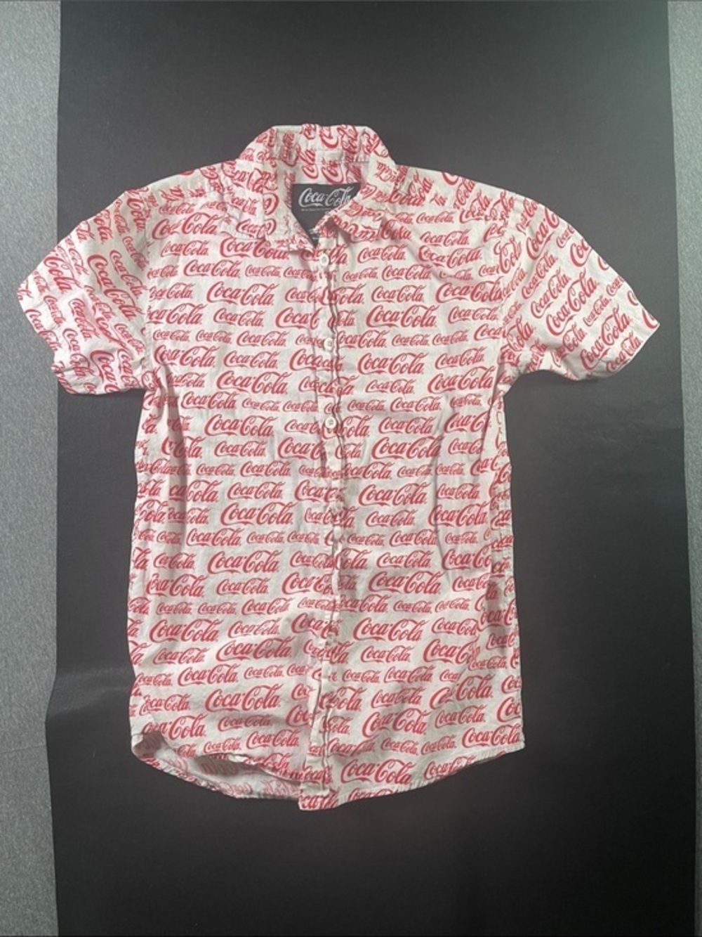 Coca Cola White Short Sleeve Button-Down Shirt with Red Logo Print